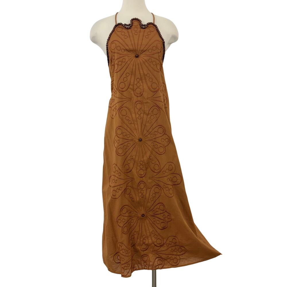 Ollari Autumn Ankle Midi Dress Embroidered Brown Halter Neckline M NWT